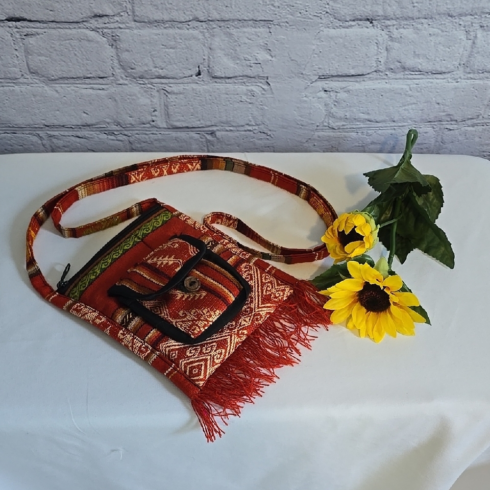 Crossbody Bag w/ Fringe Southwest Style Red Orange 6" x 6.5"